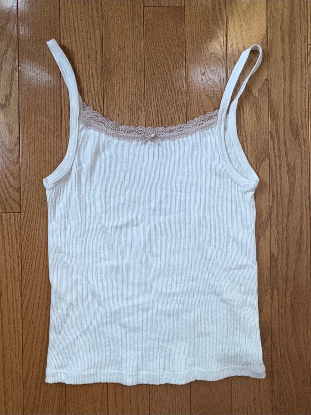 Brandy Melville White Ribbed Cami with Beige Lace Trim